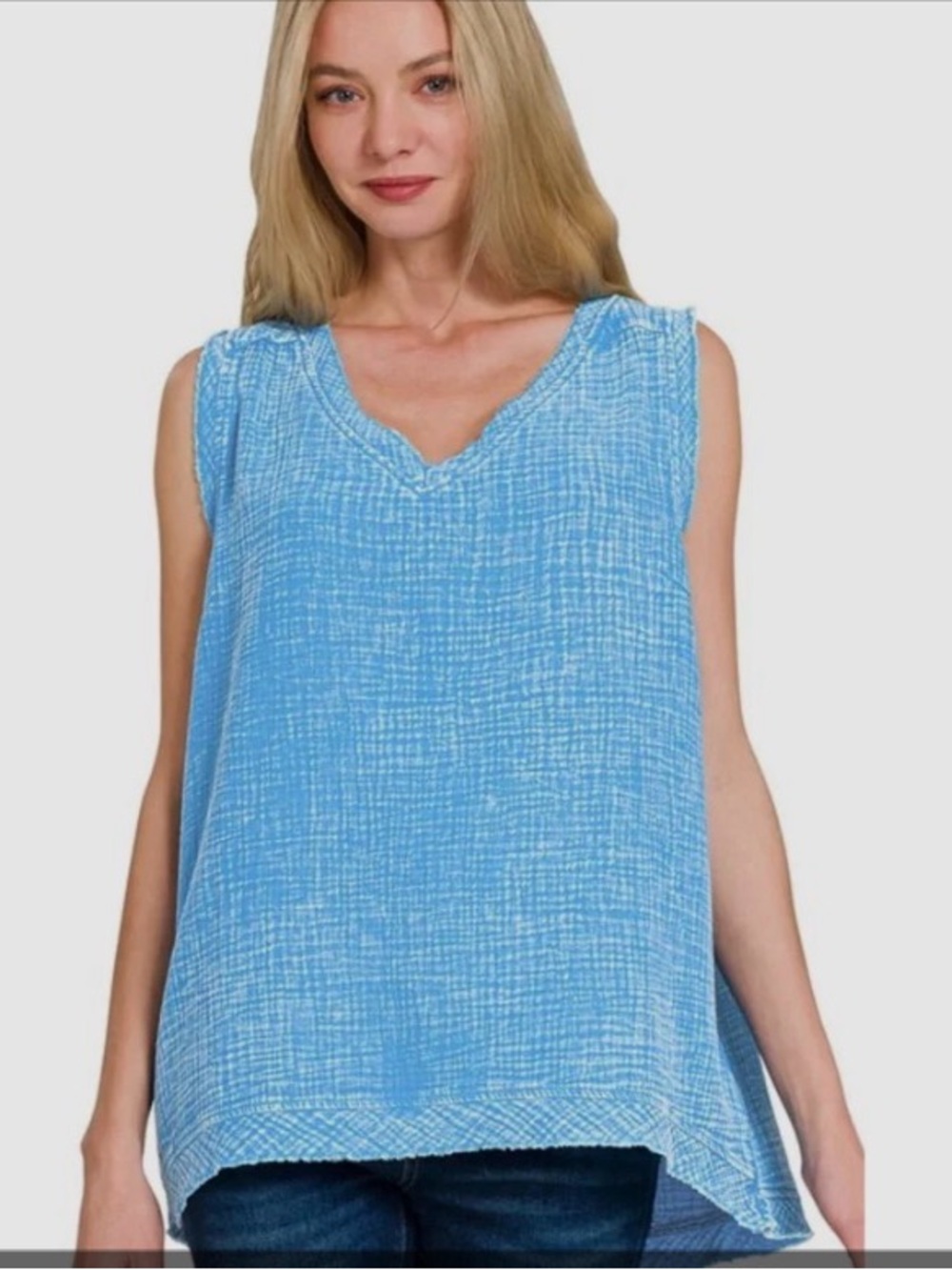 Zenana Ocean Blue Textured Sleeveless V-Neck Top